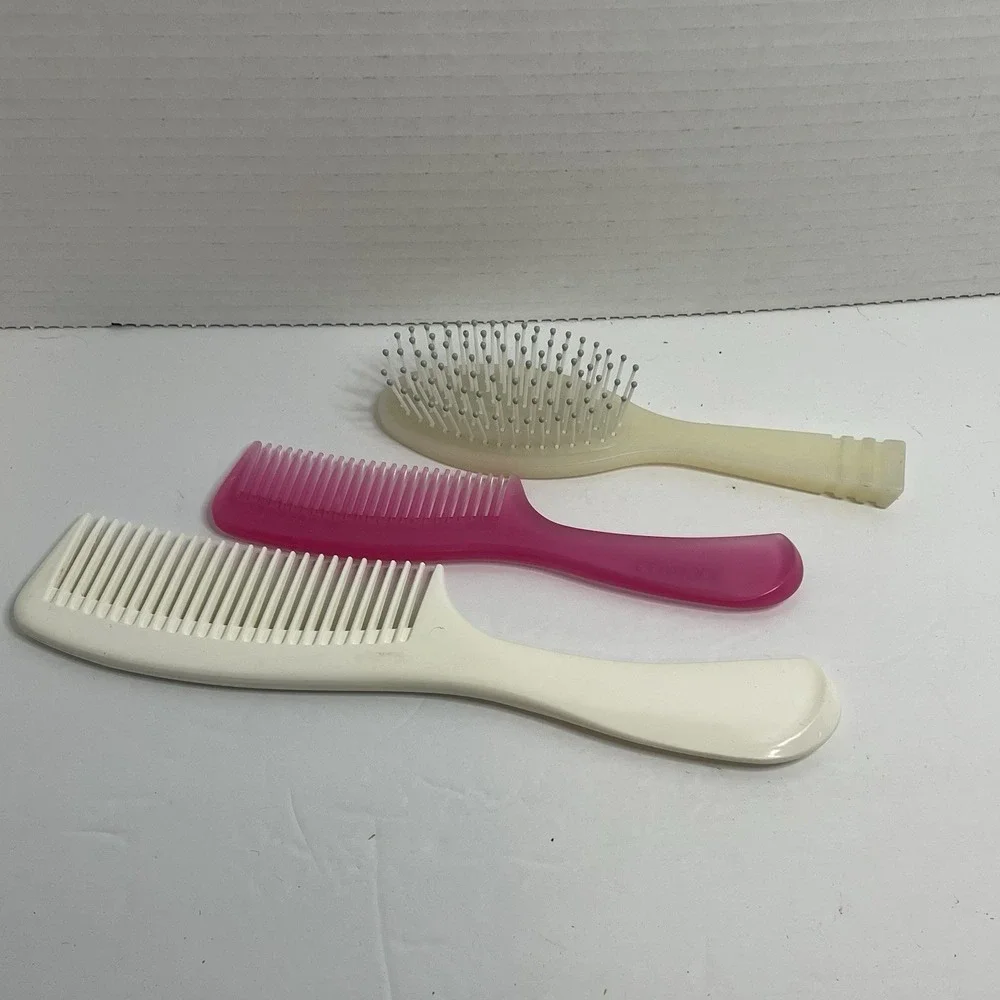 Clinique 2 Hair Combs/ 1 Brush Wide Tooth Detangling Hard Plastic White Pink VTG